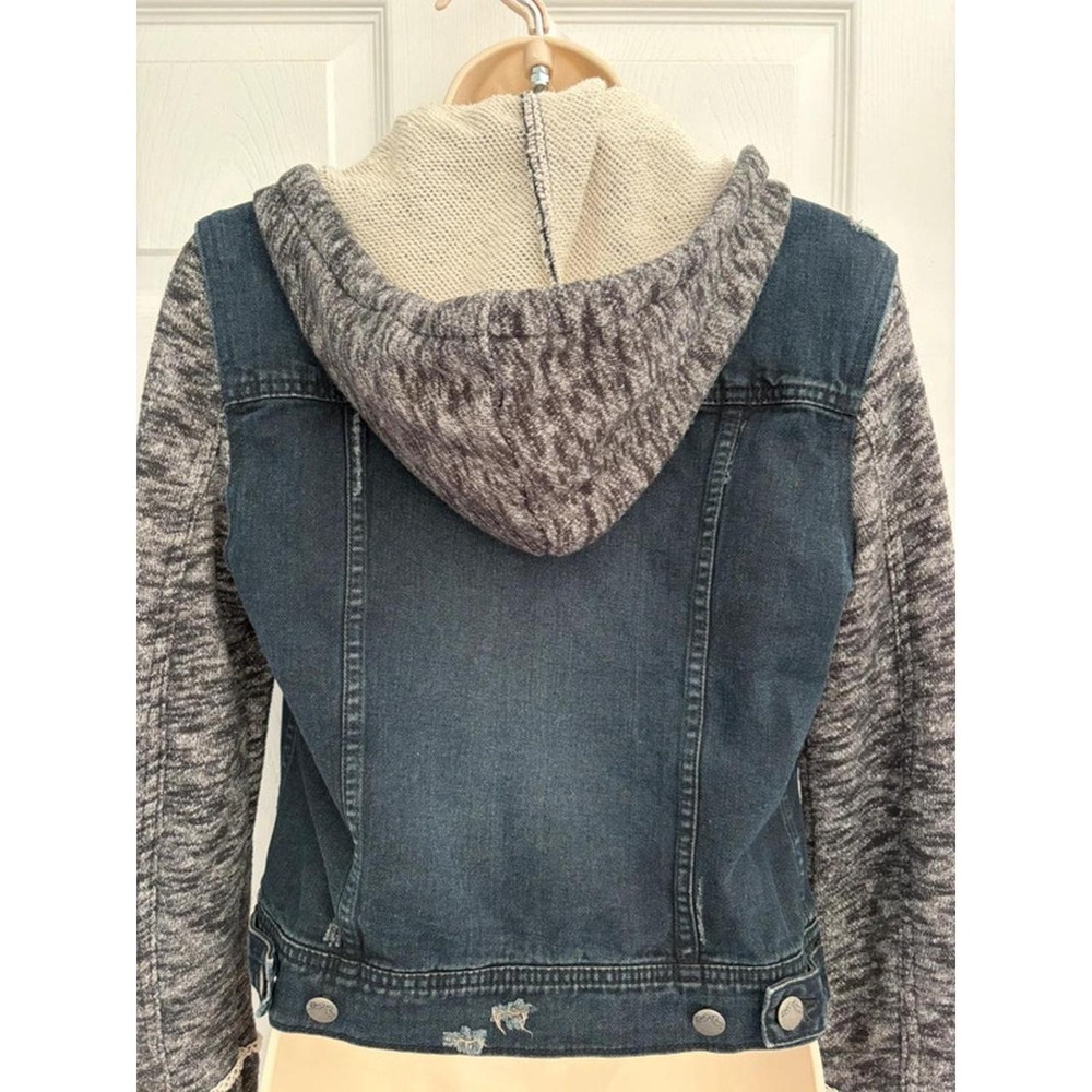 Free People Denim Jacket Hoodie Small Blue Distressed Knit Sleeve Boho Y2K - Picture 5 of 8